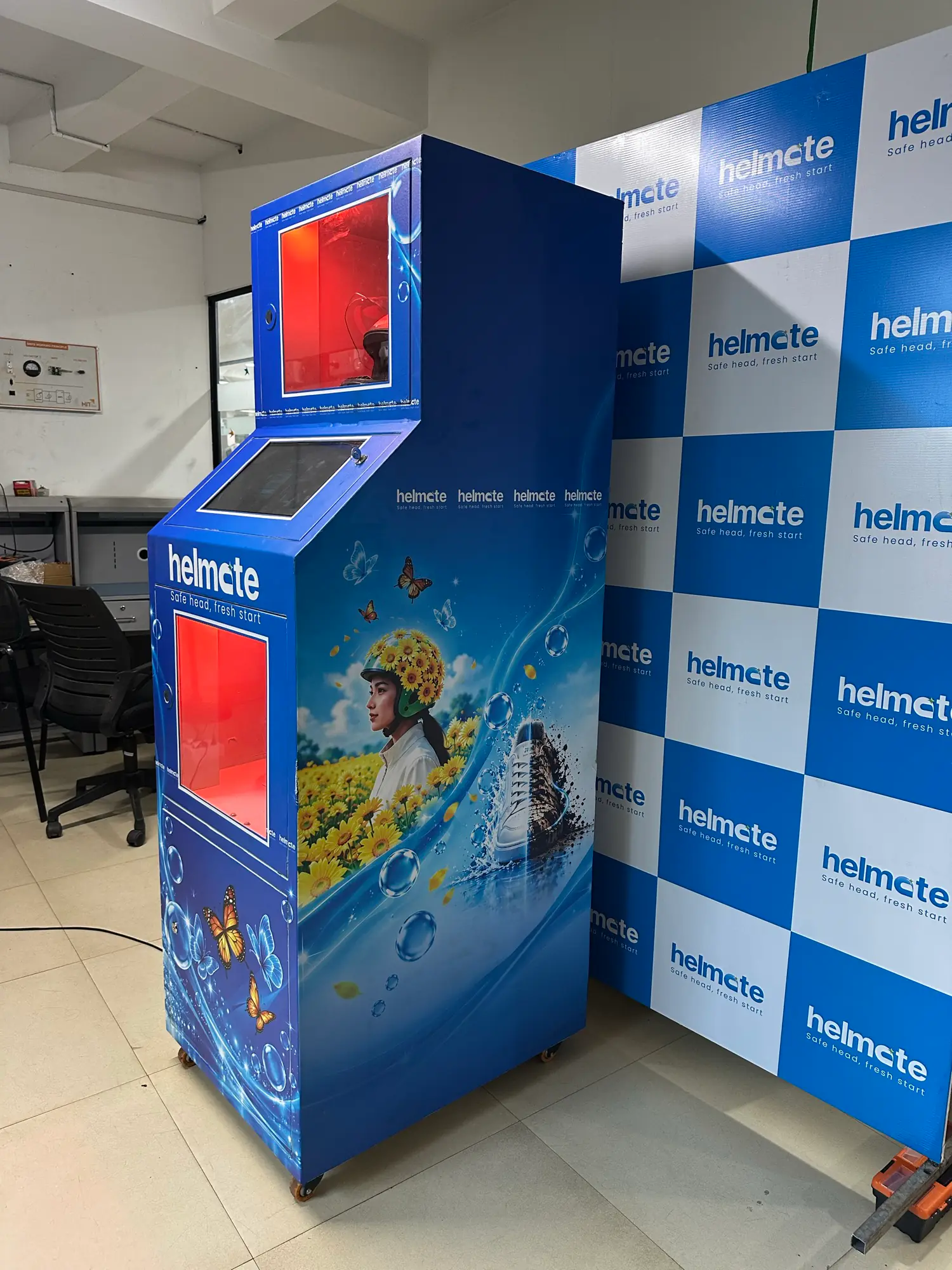 The full-size Helmate sterilization unit on the showroom floor