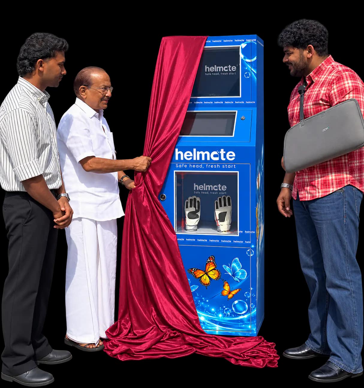 The Helmate machine being unveiled at its launch, red curtain drawn back