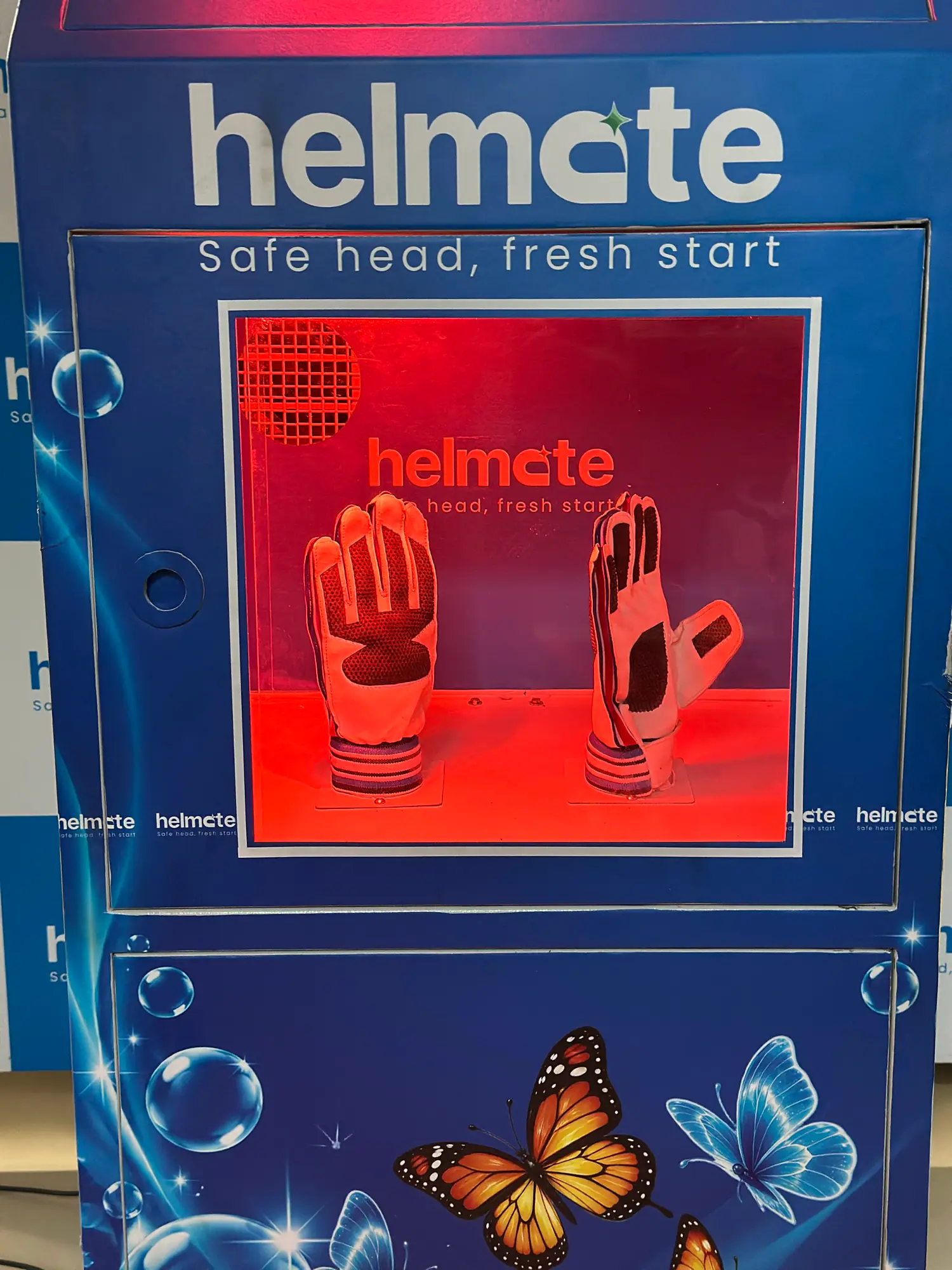 Riding gloves being sterilized inside the Helmate machine's lower chamber