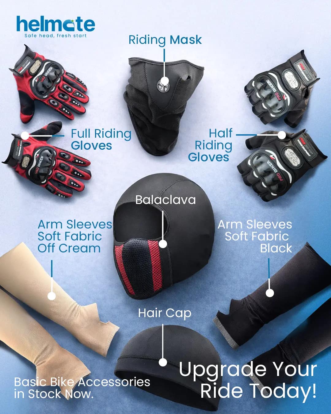 Helmets and riding gear on display at the Helmate counter